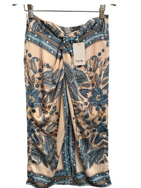Fate Nude Cream and Blue Paisley Twist-Front Satin Midi Skirt